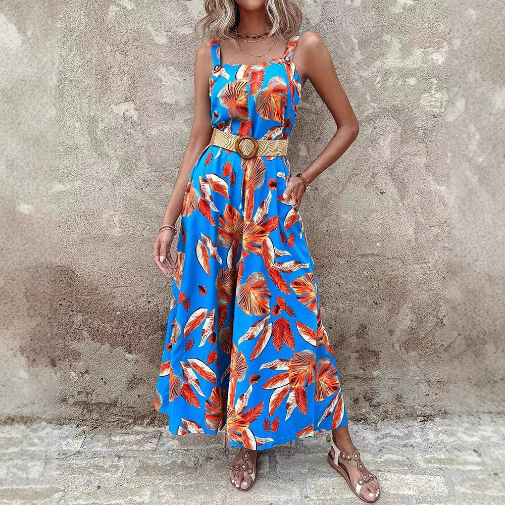 ZARA Womens Summer Printed Halter Neck Jumpsuit with Cinch Belt Beach Vacation